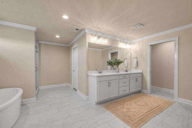 bathroom with vanity, shower with separate bathtub, and crown molding