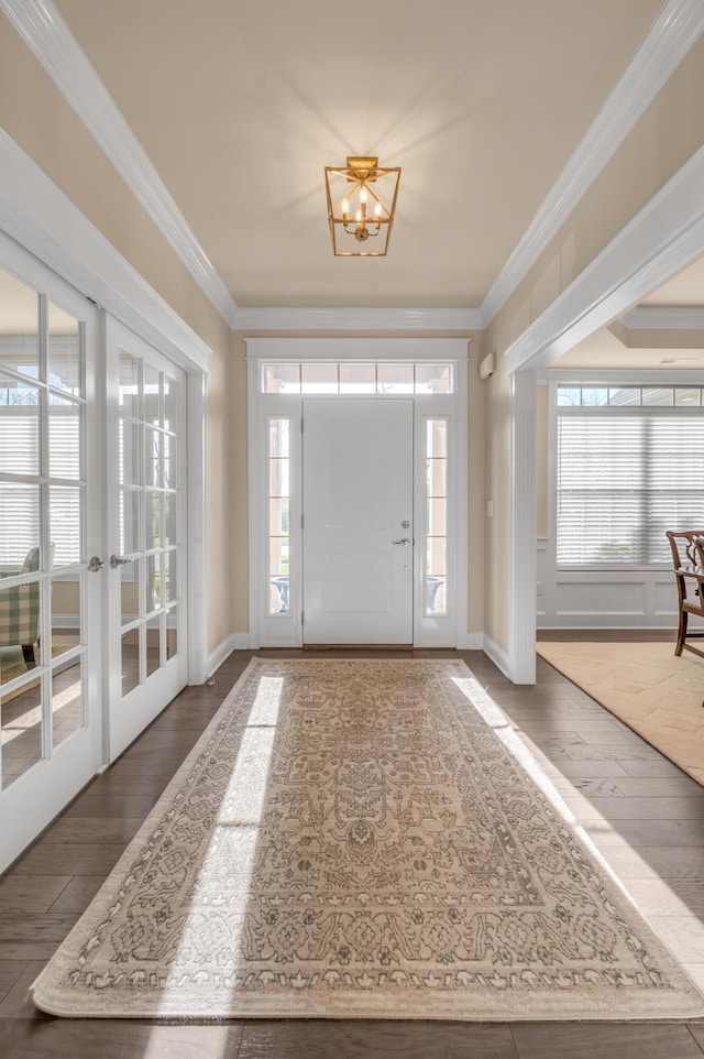 entrance foyer featuring a chandelier, a healthy amount of sunlight, dark wood-type flooring, and ornamental molding