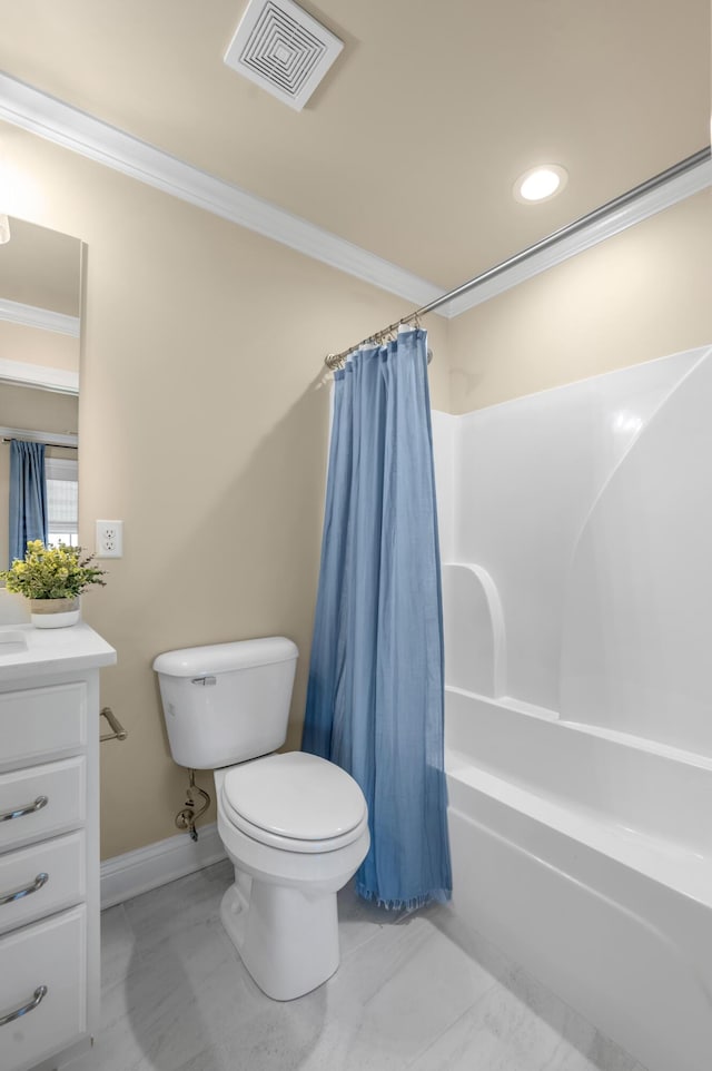 full bathroom featuring vanity, toilet, shower / bathtub combination with curtain, and crown molding