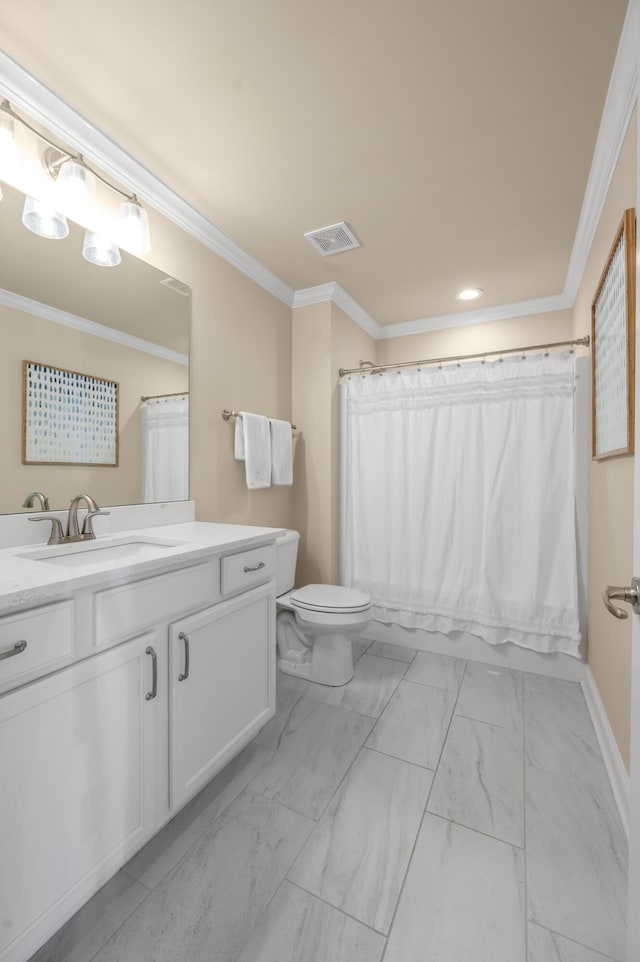 bathroom featuring a shower with curtain, crown molding, vanity, and toilet