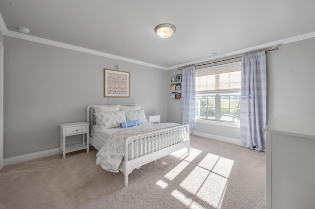 bedroom featuring light colored carpet and ornamental molding