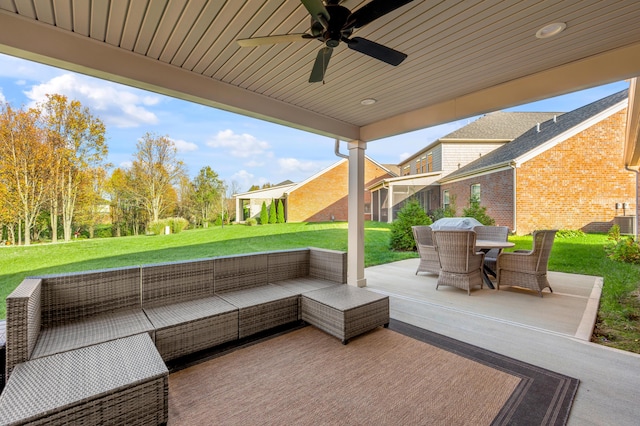 view of patio featuring an outdoor living space and ceiling fan