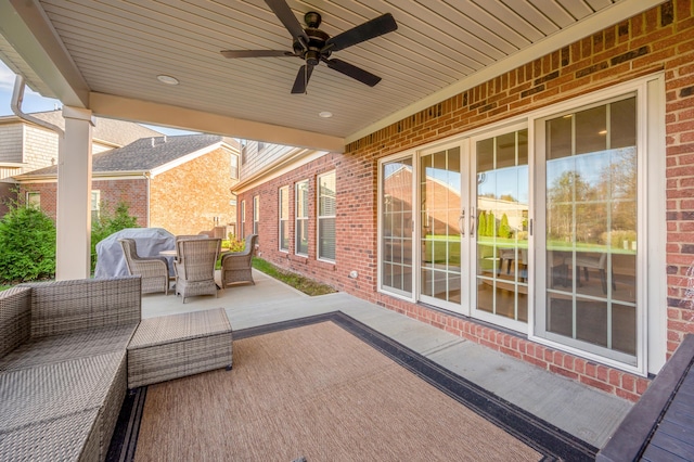 view of patio featuring ceiling fan, a grill, and an outdoor hangout area