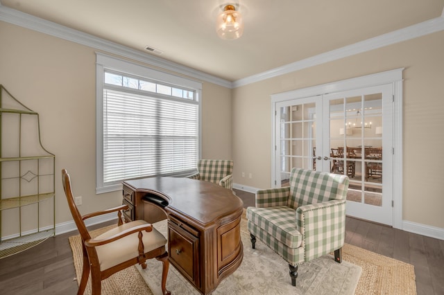 office with french doors, wood-type flooring, and ornamental molding