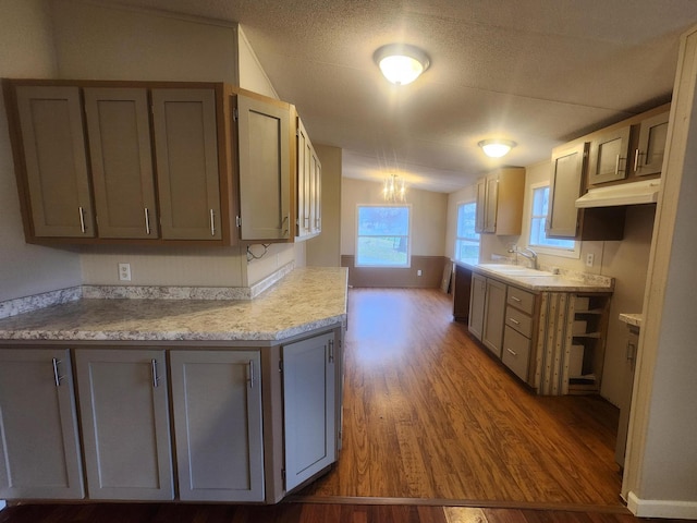 kitchen featuring gray cabinetry, a textured ceiling, sink, dishwasher, and hardwood / wood-style floors