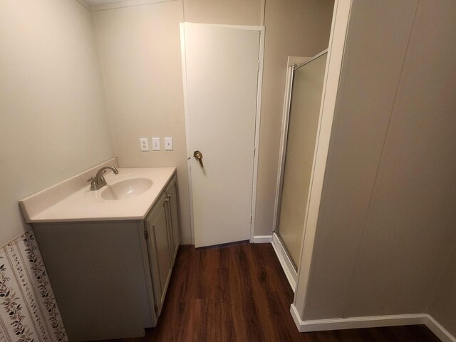 full bathroom featuring vanity, wood finished floors, and a shower stall