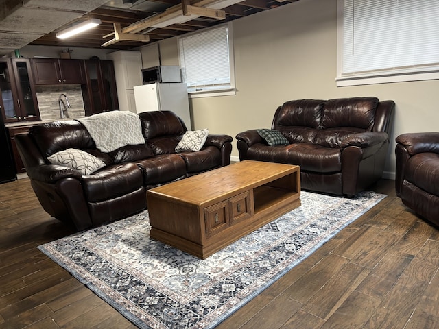 living room with dark hardwood / wood-style floors