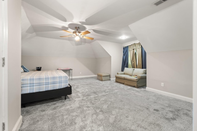 bedroom with carpet floors, ceiling fan, and lofted ceiling