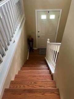 stairs with wood-type flooring