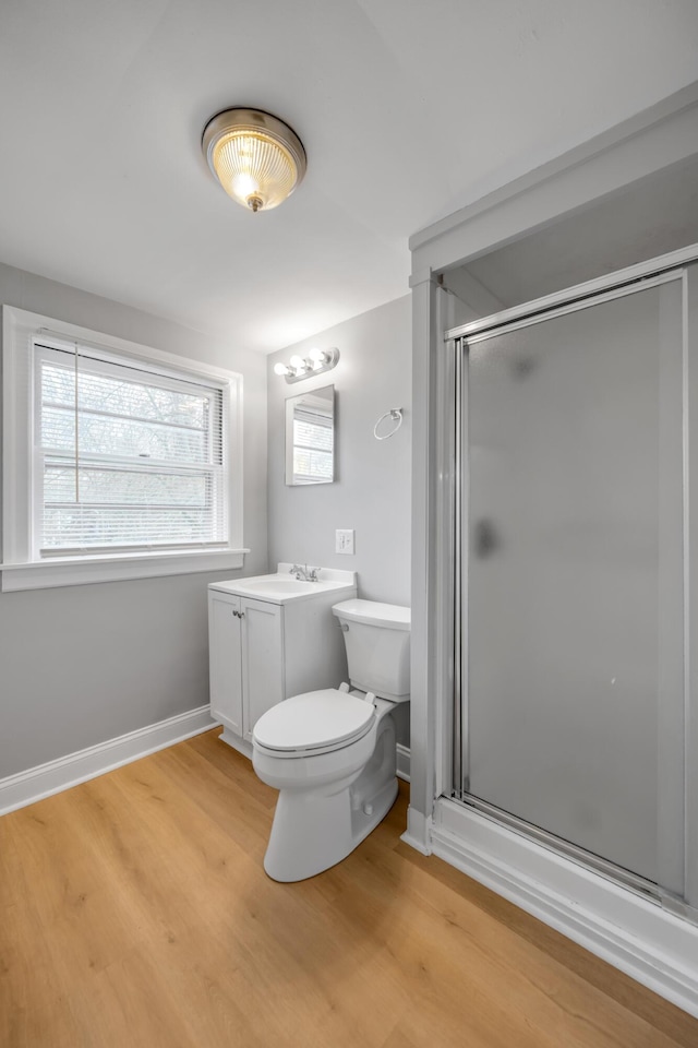 bathroom featuring hardwood / wood-style floors, vanity, and a shower with shower door