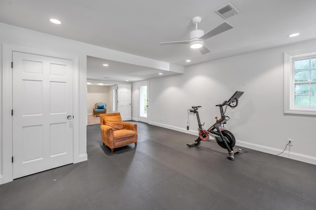 1821 Delong Rd, Lexington, KY 40515 - exercise area with visible vents, recessed lighting, a ceiling fan, and baseboards