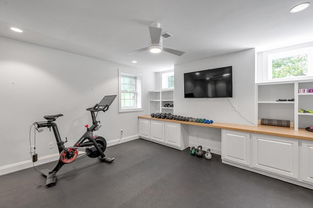 1821 Delong Rd, Lexington, KY 40515 - exercise area with baseboards, visible vents, a ceiling fan, and recessed lighting