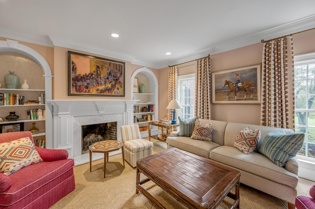 1821 Delong Rd, Lexington, KY 40515 - living area with recessed lighting, ornamental molding, a high end fireplace, and built in features