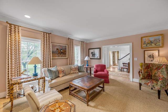 1821 Delong Rd, Lexington, KY 40515 - living area with carpet flooring, ornamental molding, stairs, and baseboards