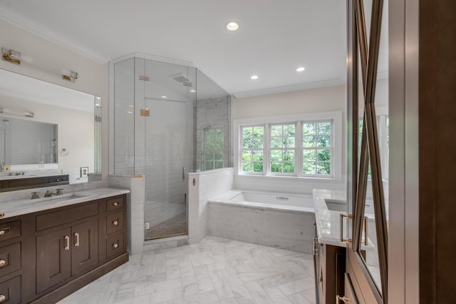 1821 Delong Rd, Lexington, KY 40515 - bathroom with recessed lighting, a shower stall, ornamental molding, a bath, and vanity