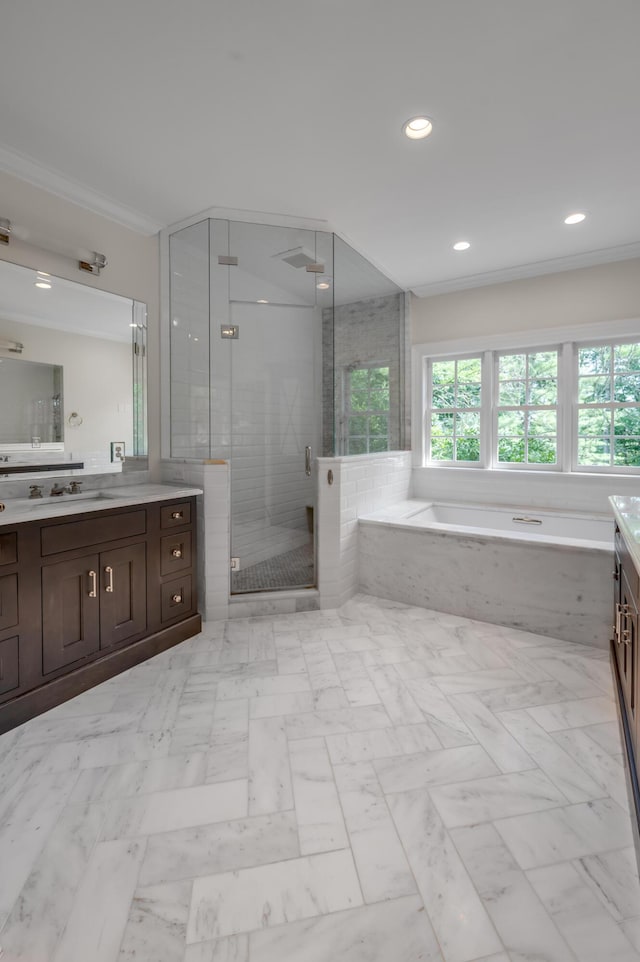 1821 Delong Rd, Lexington, KY 40515 - full bath with a stall shower, recessed lighting, ornamental molding, a garden tub, and vanity