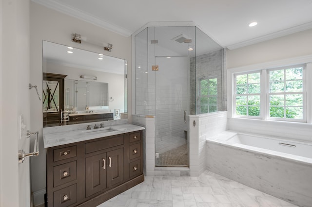 1821 Delong Rd, Lexington, KY 40515 - full bathroom with marble finish floor, a bath, vanity, a stall shower, and crown molding