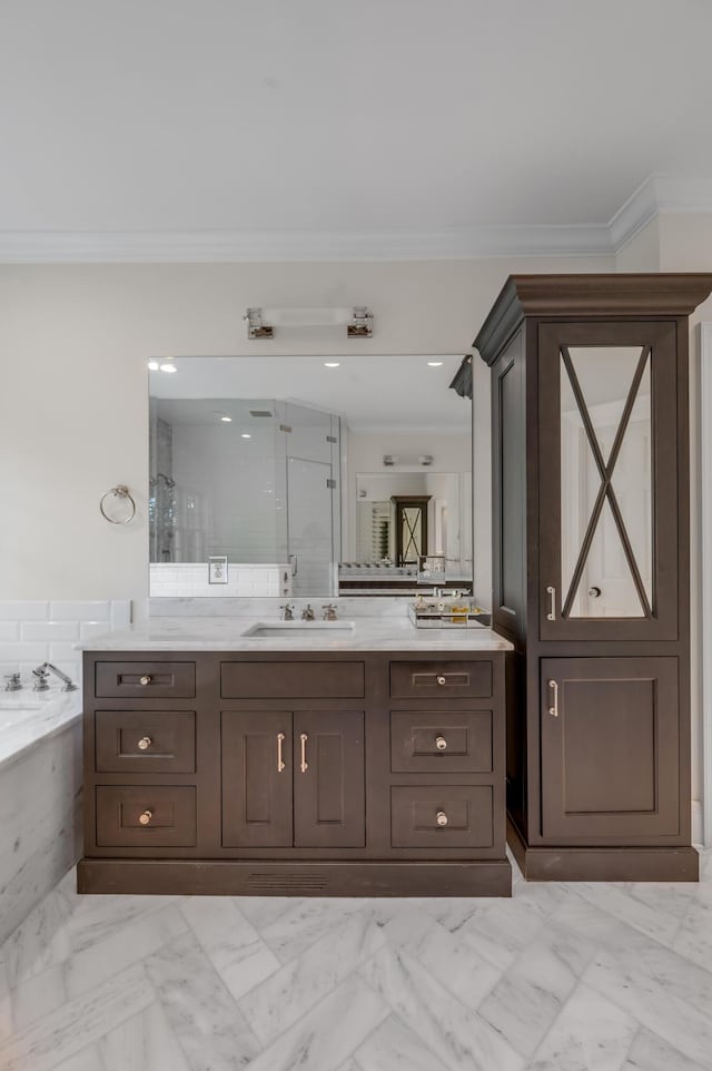 1821 Delong Rd, Lexington, KY 40515 - bathroom featuring ornamental molding, marble finish floor, a shower stall, and vanity
