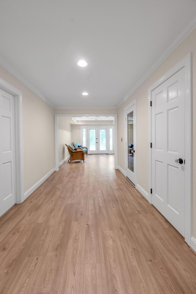 1821 Delong Rd, Lexington, KY 40515 - hallway with baseboards, light wood-style flooring, french doors, and crown molding