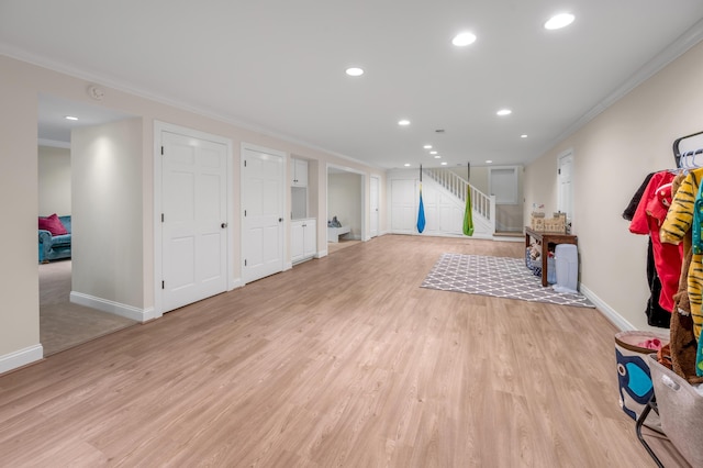 1821 Delong Rd, Lexington, KY 40515 - finished basement with recessed lighting, stairway, light wood-style flooring, baseboards, and ornamental molding
