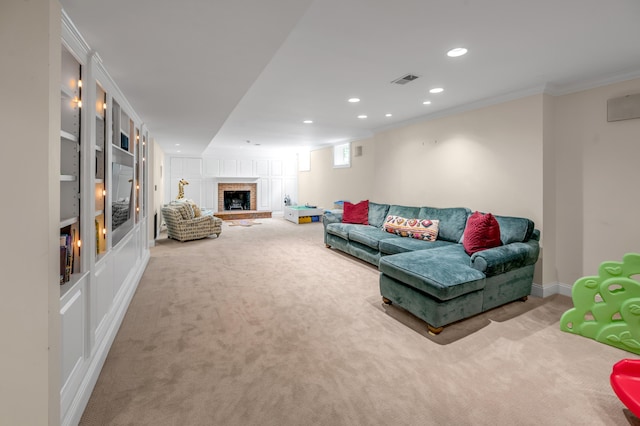1821 Delong Rd, Lexington, KY 40515 - living room with ornamental molding, recessed lighting, carpet, and a fireplace