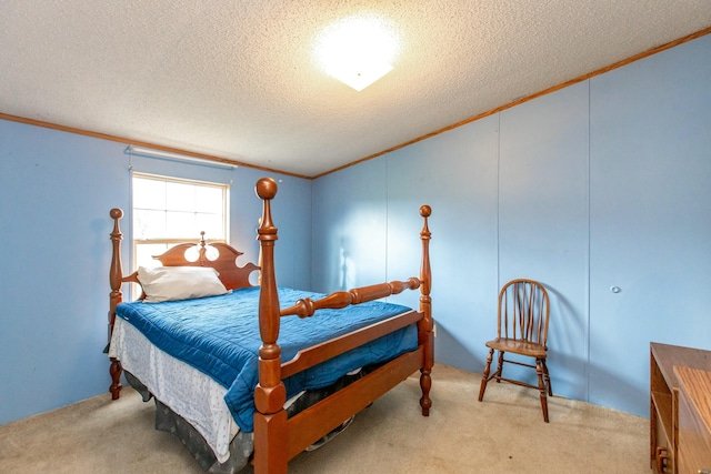 carpeted bedroom with ornamental molding, a textured ceiling, and lofted ceiling