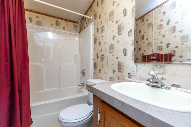 full bathroom with vanity, shower / bathtub combination with curtain, a textured ceiling, and toilet