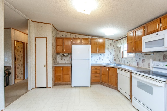 kitchen featuring sink, vaulted ceiling, a textured ceiling, white appliances, and ornamental molding