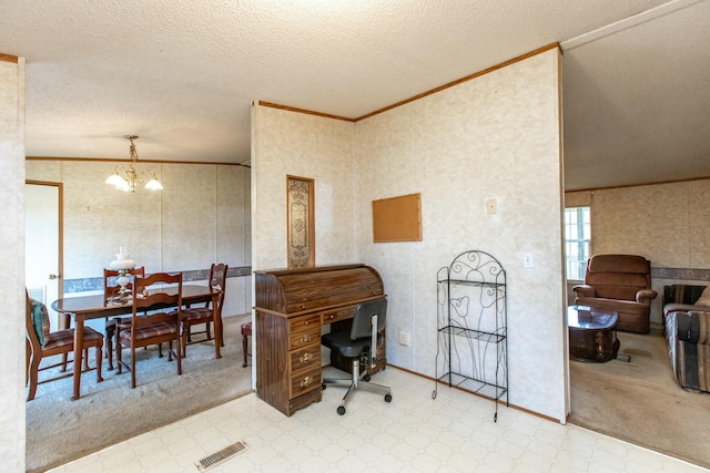 dining area with crown molding, a chandelier, and a textured ceiling