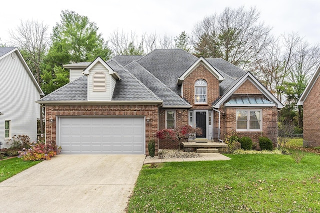 view of front of house featuring a front lawn and a garage