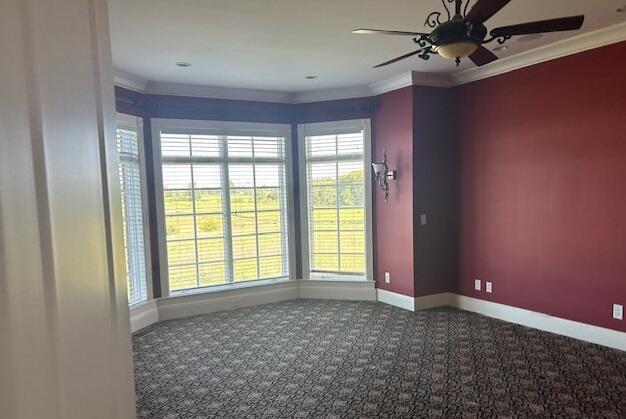 empty room featuring carpet floors, ceiling fan, and ornamental molding