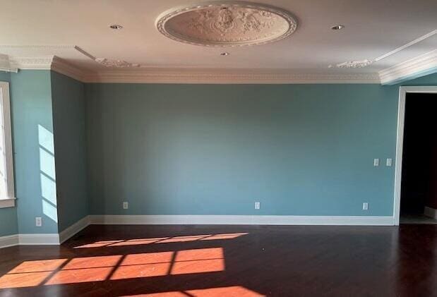 unfurnished room featuring crown molding and wood-type flooring