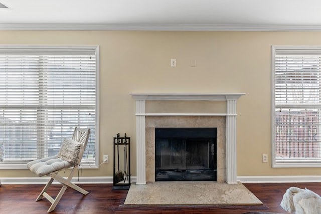 living room featuring a fireplace, ornamental molding, and dark wood-type flooring