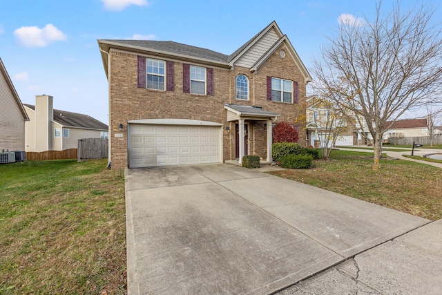 front of property featuring central AC unit, a garage, and a front yard