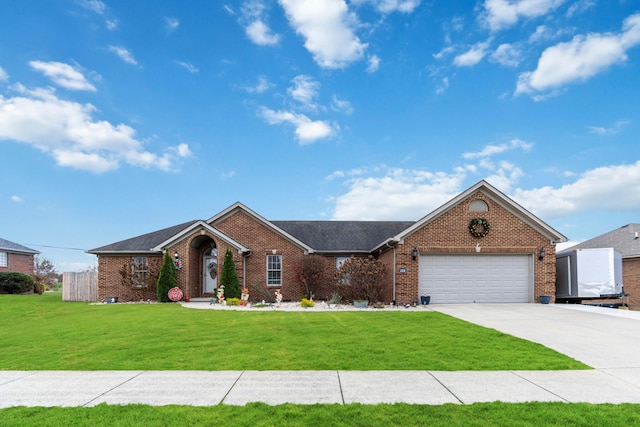 single story home with a garage and a front yard