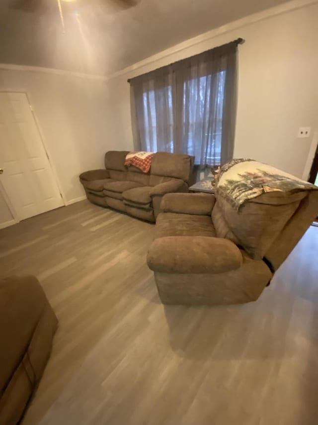 living room featuring hardwood / wood-style floors and crown molding