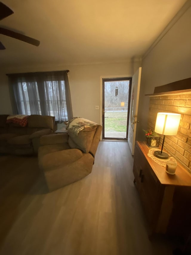 living room with hardwood / wood-style flooring and ceiling fan