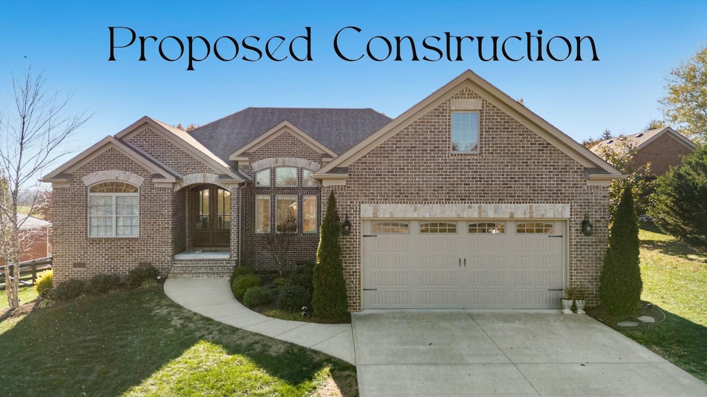 view of front facade featuring a garage, a front yard, and french doors