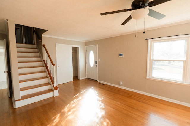 foyer featuring ceiling fan, ornamental molding, and light wood-type flooring