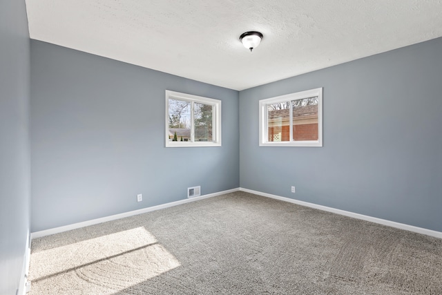 carpeted spare room with a textured ceiling