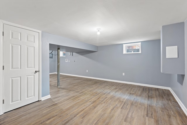 basement with hardwood / wood-style flooring