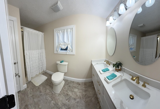 18 Ash Dr, Nancy, KY 42544 - bathroom featuring double vanity, toilet, a shower with curtain, and a textured ceiling