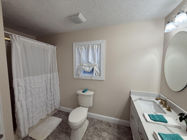 18 Ash Dr, Nancy, KY 42544 - bathroom with vanity, toilet, baseboards, a textured ceiling, and a shower with curtain