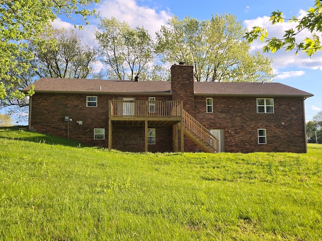 18 Ash Dr, Nancy, KY 42544 - rear view of house with stairway, a chimney, a wooden deck, a yard, and brick siding