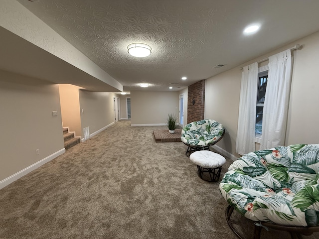 18 Ash Dr, Nancy, KY 42544 - living area featuring a textured ceiling, carpet, baseboards, stairway, and recessed lighting