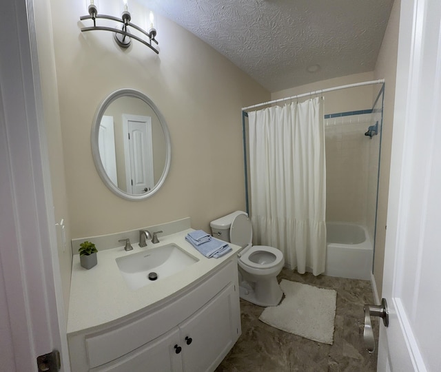 full bathroom with vanity, shower / tub combo with curtain, a textured ceiling, and toilet