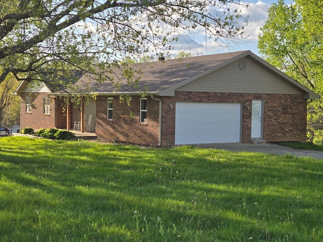 18 Ash Dr, Nancy, KY 42544 - ranch-style house featuring brick siding, driveway, a front lawn, an attached garage, and roof with shingles
