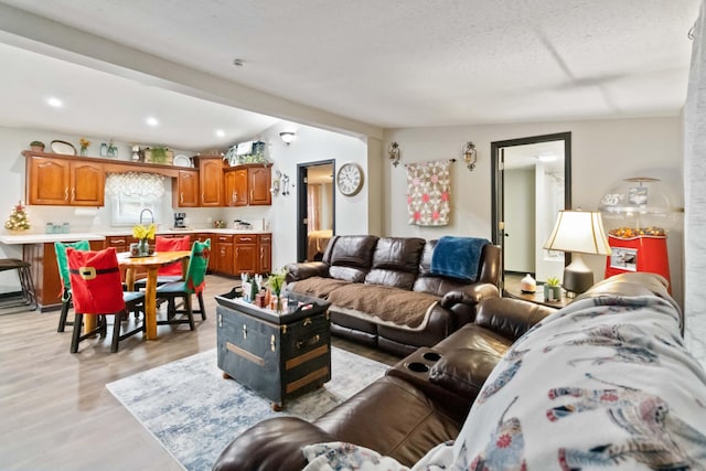 living room with light hardwood / wood-style floors, a textured ceiling, and vaulted ceiling