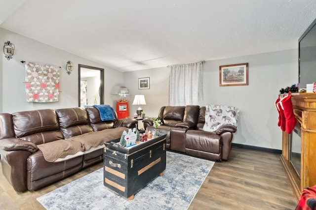 living room featuring hardwood / wood-style flooring and lofted ceiling