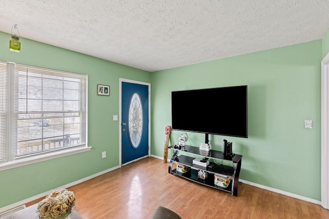 living room featuring hardwood / wood-style floors and a textured ceiling